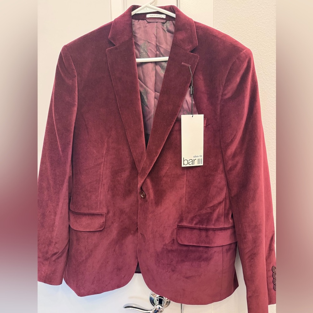 Bar III Slim Fit Velvet Sport Coat - Burgundy
